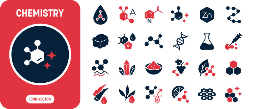 Chemistry and Science Icon Set with Chemical Molecule, Chemistry Flask, DNA, Zinc Element, Crystal Mineral, and Laboratory Powder Vector Illustration