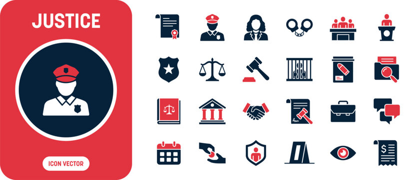 Justice and Legal System Icon Set with Police Officer, Law Scales, Judge Gavel, Handcuffs, Court Building, and Prison Bars Vector Illustration