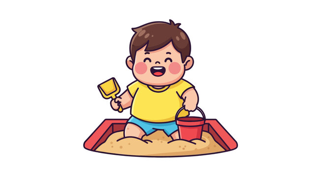 Happy toddler playing with beach toys in sandbox.