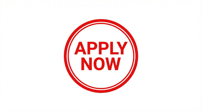 Red apply now button with double circle border on white background for call to action