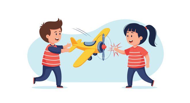Young boy and girl having a conflict while pulling on a yellow toy airplane representing sibling rivalry and sharing.