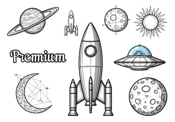 Vintage Outer Space Exploration Vector Set - Rockets, Planets, UFO, and Celestial Icons © Abilho