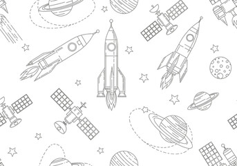 Seamless Space Exploration Pattern with Rockets, Satellites, and Planets. Black and White Line Art Vector Background for Kids Coloring and Fabric Design. © Abilho