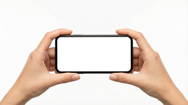 Hands holding smartphone with blank white screen horizontally for mockup or advertisement on clean background