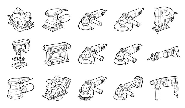 Black and White Line Art Vector Icons Set of Professional Electric Power Tools Saws Sanders Grinders and Drills for Carpentry Construction