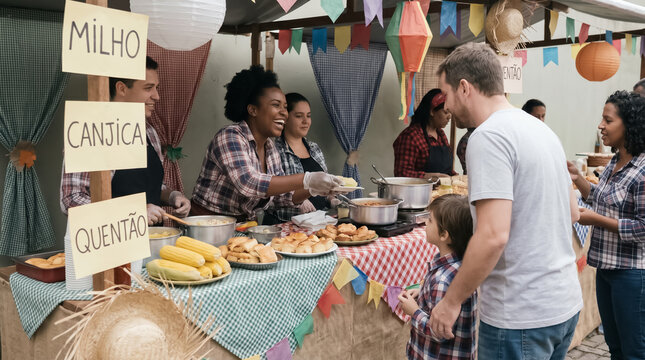 Group of Friends Enjoying Corn Dishes at Festival Buffet