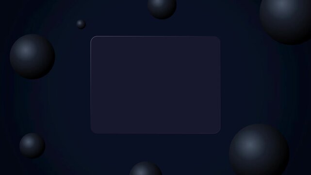 Abstract dark background with floating 3D spheres and a central blank neumorphic rectangle, modern minimalist design for text or product display, elegant motion graphics template