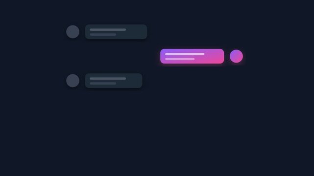 Animated chat bubble interface, modern messaging app concept, vibrant gradient text message, dark mode UI design, digital communication technology