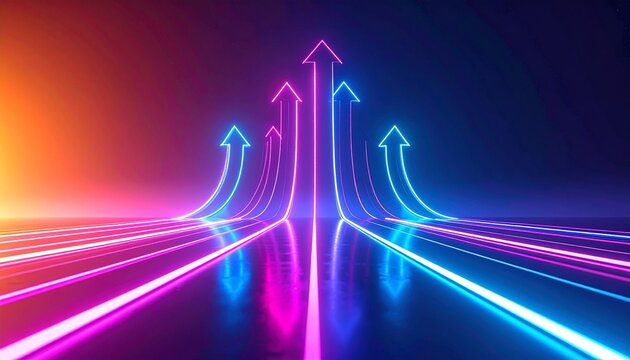 Neon arrows converge upward, glowing trails symbolize futuristic progress advancement.