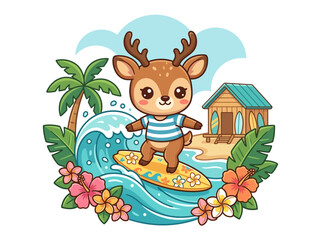 Fototapeta premium Vector illustration of a cute chibi deer surfing on a yellow floral surfboard on a blue ocean wave, surrounded by tropical hibiscus flowers, palm trees, and a beach hut.