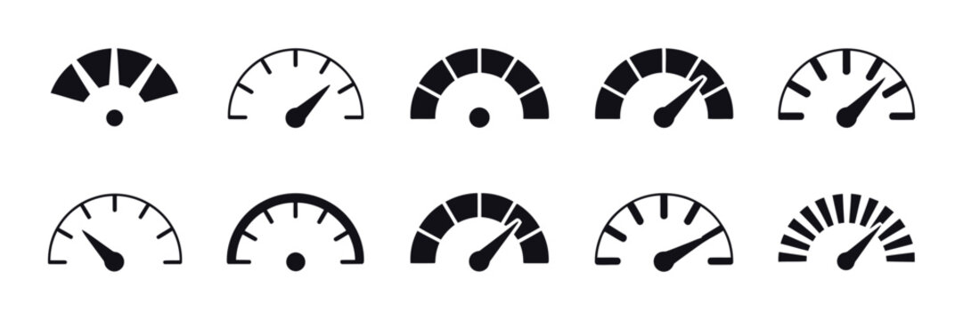 Speedometer Icon Set Featuring Speed Indicators, Performance Measurement Symbols and Internet or Vehicle Speed Vector Illustrations