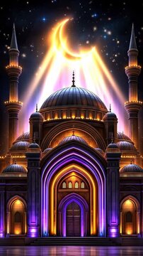 Captivating Night Landscape Showcasing Luminous Mosque Adorned With Shining Domes And Lofty Minarets