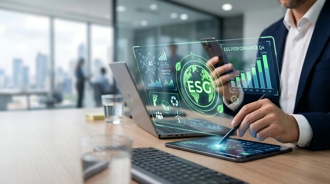 Professional hand using stylus on tablet to track green energy CO2 reduction and environmental social governance compliance statistics in office