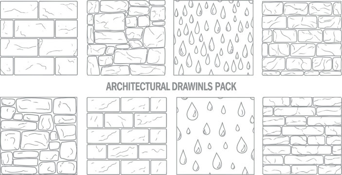 Architectural drawings pack featuring diverse stone wall textures and raindrop hatch symbols for professional construction documentation and building facade design projects
