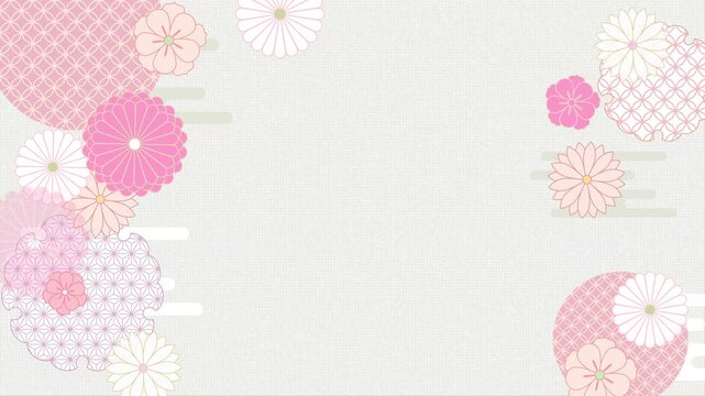 Loopable Japanese traditional pattern background with gentle spring pink chrysanthemums and hemp leaf frame, 4K horizontal video.