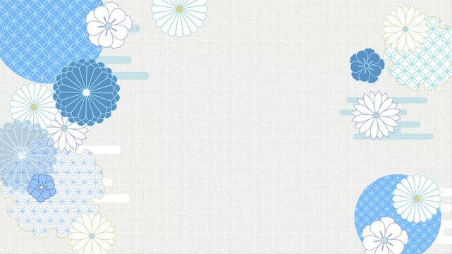 Loopable Japanese traditional pattern background with refreshing summer chrysanthemums and hemp leaf frame, 4K horizontal video.