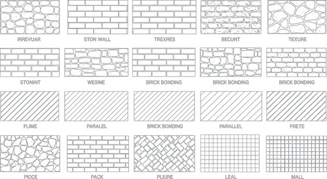 Architectural wall texture patterns with brick bonding and stone layouts for design and construction