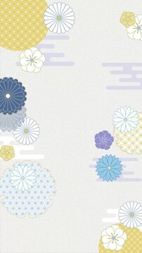 Loopable Japanese traditional pattern background with chic navy and gold chrysanthemums and hemp leaf frame, 4K vertical video.