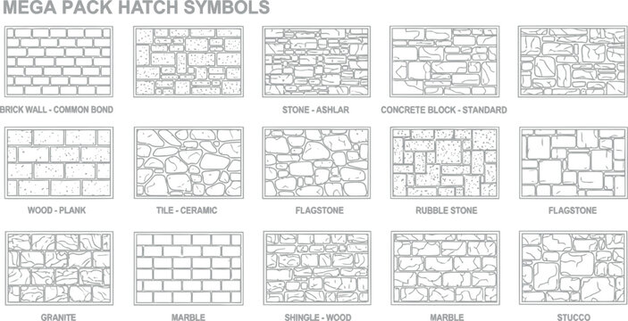 Detailed architectural hatch symbols for common building materials including brick stone concrete and stucco for professional cad drafting and construction documentation