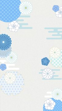 Loopable Japanese traditional pattern background with refreshing summer chrysanthemums and hemp leaf frame, 4K vertical video.