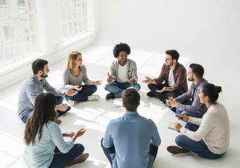 Fototapeta premium Group of diverse people meditating together in a calm setting