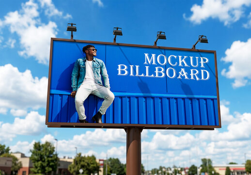 Large horizontal roadside billboard mockup against blue sky