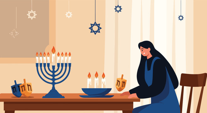 Jewish woman celebrates Hanukkah in her cozy home while spinning a dreidel next to a lit menorah and festive decor.
