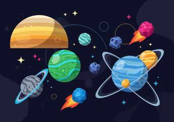 Vibrant Flat Vector Illustration of Outer Space with Planets, Fiery Asteroids, and Glowing Stars © Njilim