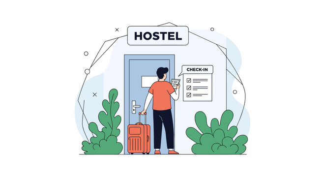 Young traveler with a red suitcase checks in at a modern hostel to begin his new adventure and travel experience.
