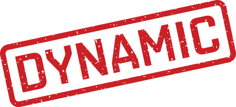 A vibrant red grunge style rubber stamp clearly shows the impactful word dynamic on a crisp white surface