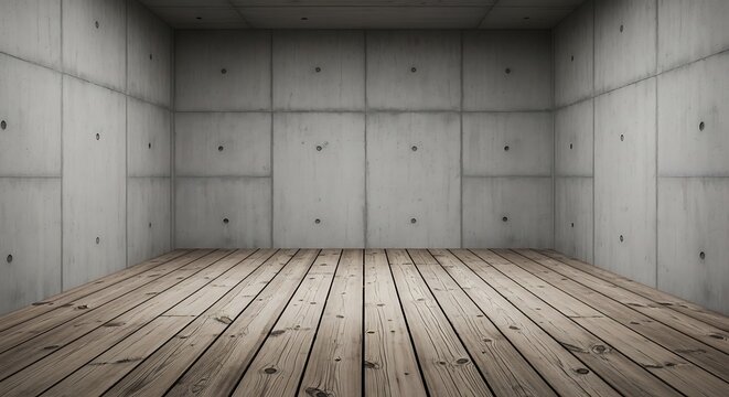 Empty square room with concrete wall and wood deck