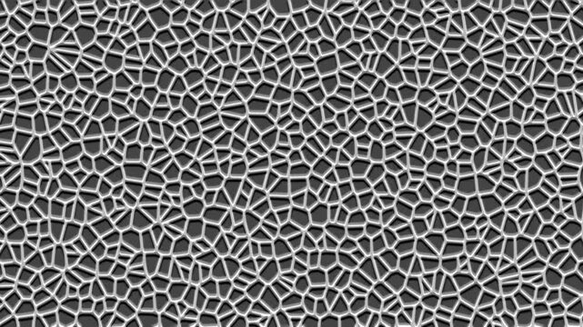 Abstract Cellular Network: A dark background is overlaid with a network of interconnected white lines forming a cellular or molecular pattern.