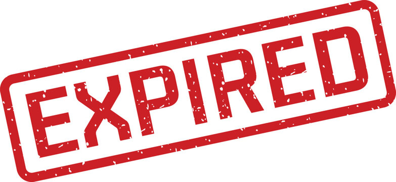 A vibrant red rubber stamp with a textured surface prominently features the word EXPIRED on a white field