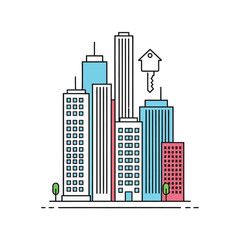 Fototapeta premium Stylized city with bright buildings, trees, and a key symbol representing home ownership.