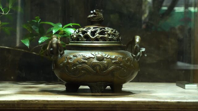 Antique Bronze Incense Burner with Ornate Asian Carvings