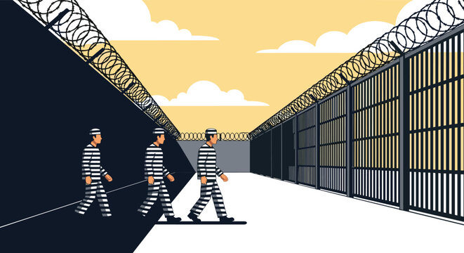 Group of prisoners in striped uniforms walking through a fenced prison yard with tall walls and barbed wire overhead.