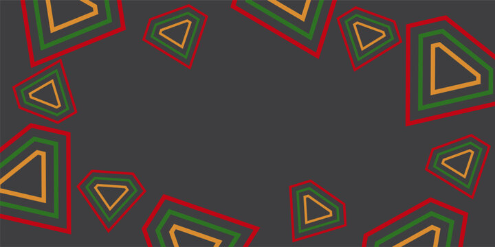 Geometric background frame with red green gold outlines, abstract dark gray vector banner with tribal geometric shapes and copy space for black history month, juneteenth, and cultural event backdrop.