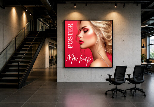 Large square poster mockup on concrete wall in modern office