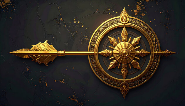 Golden arrow piercing ornate shield with starburst design