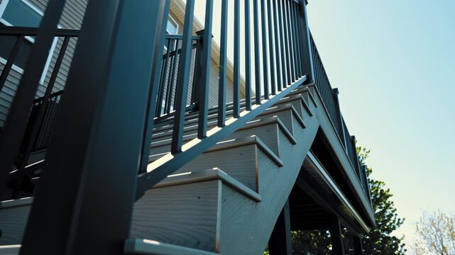 Modern elevated backyard deck attached to suburban house featuring black metal railings, outdoor stairs in residential neighborhood