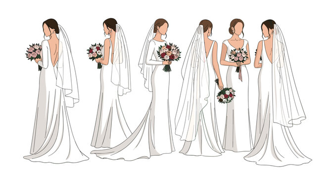 Fashion illustration showing multiple back and side views of a bride in an elegant white wedding gown with a veil.