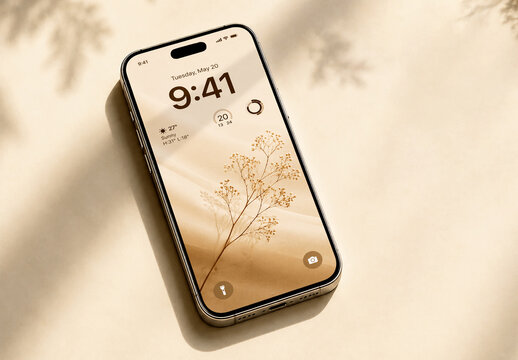 Minimalist Smartphone Screen Mockup on Beige Background with Leaf Shadow Overlay