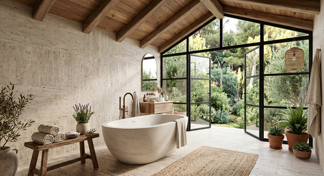 A modern bathroom with a freestanding tub and large windows overlooking a lush garden, featuring natural light and a serene atmosphere.