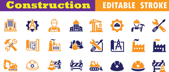 Fototapeta premium Construction and building industry editable stroke vector icon set with construction building industry architecture engineering planning blueprint excavator equipment maintenance development