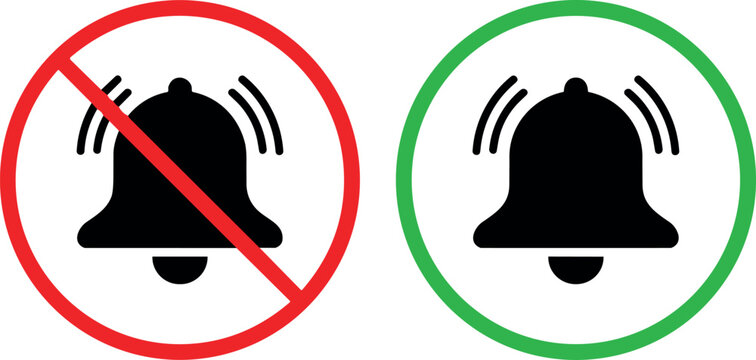 Notification bell icon set with mute and sound on options in red and green circle frames