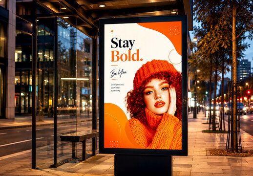 Modern Bus Shelter Billboard Mockup on City Street at Night with Fashion Poster