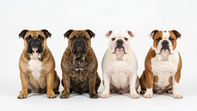 Four English Bulldogs in Different Colors Sitting in a Row on White Background, Full Body Studio Group Portrait
