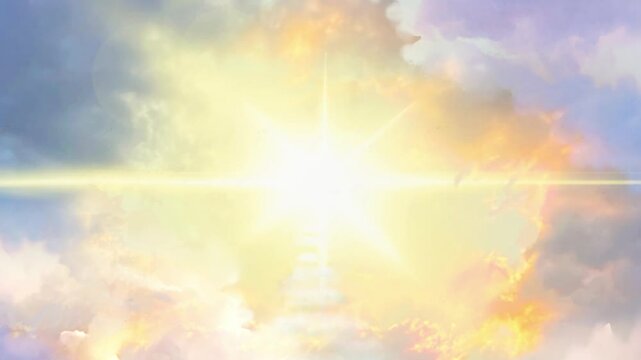 オーロラ色の空の中に光りさす太陽光と天国に続く雲の道の天国背景動画