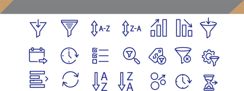 Set of line art filter and sorting data management vector icons with management interface alphabetical ascending descending calendar settings analysis statistics configure adjustment