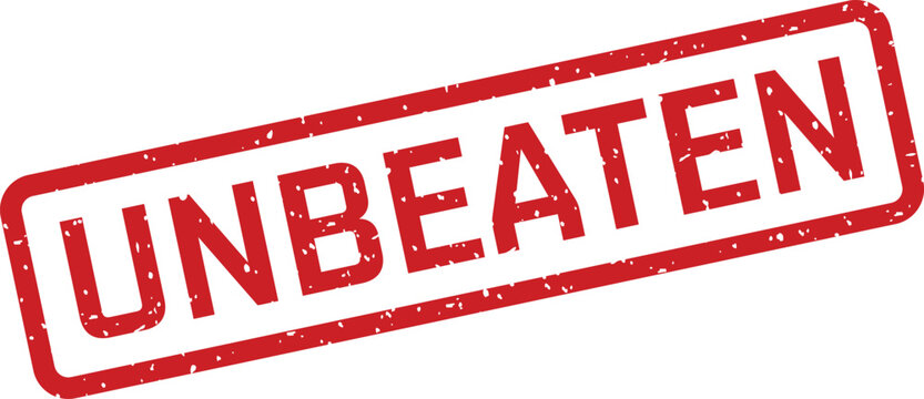 A vibrant red rectangular stamp displays the powerful word UNBEATEN with a distressed appearance